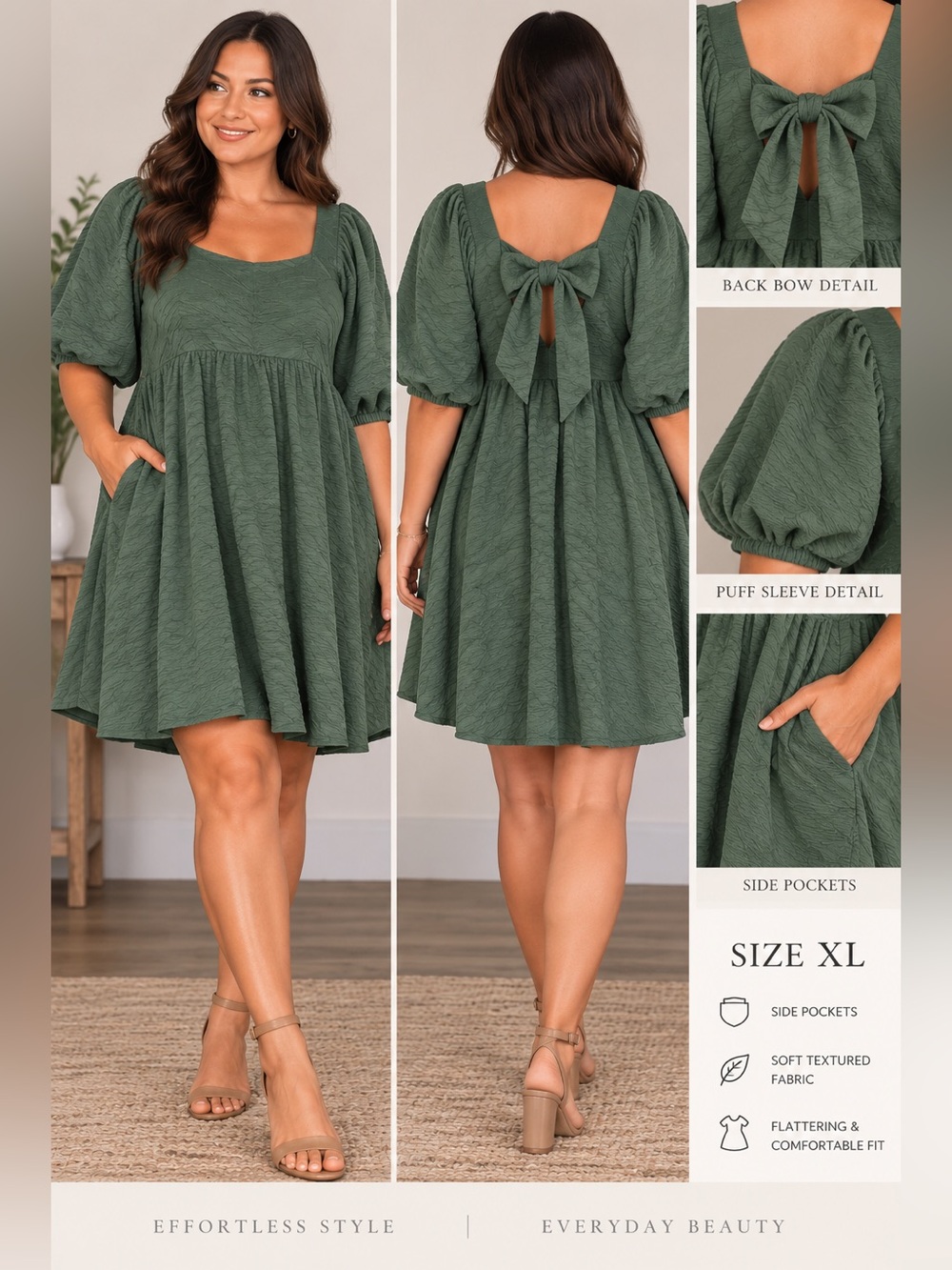 Free People Olive Green Puff Sleeve Tie-Back Mini Dress